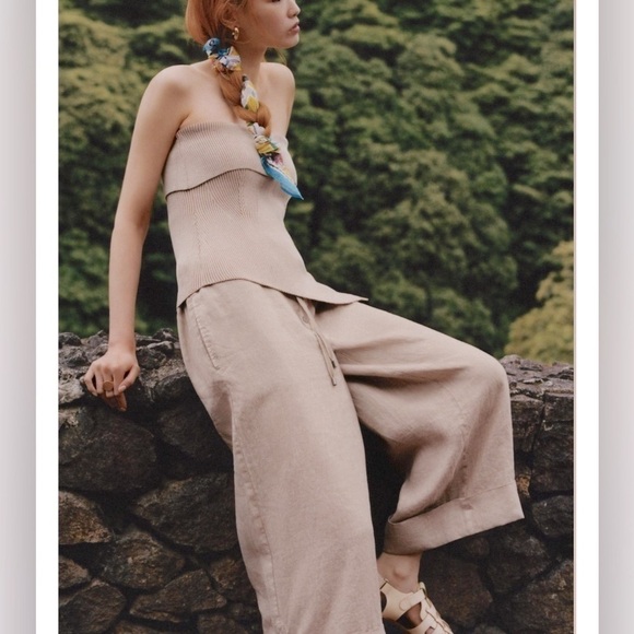 Anthropologie Natalia Linen Wide Leg Pants Women’s L High Waist Crop Boho Tan - Picture 16 of 16